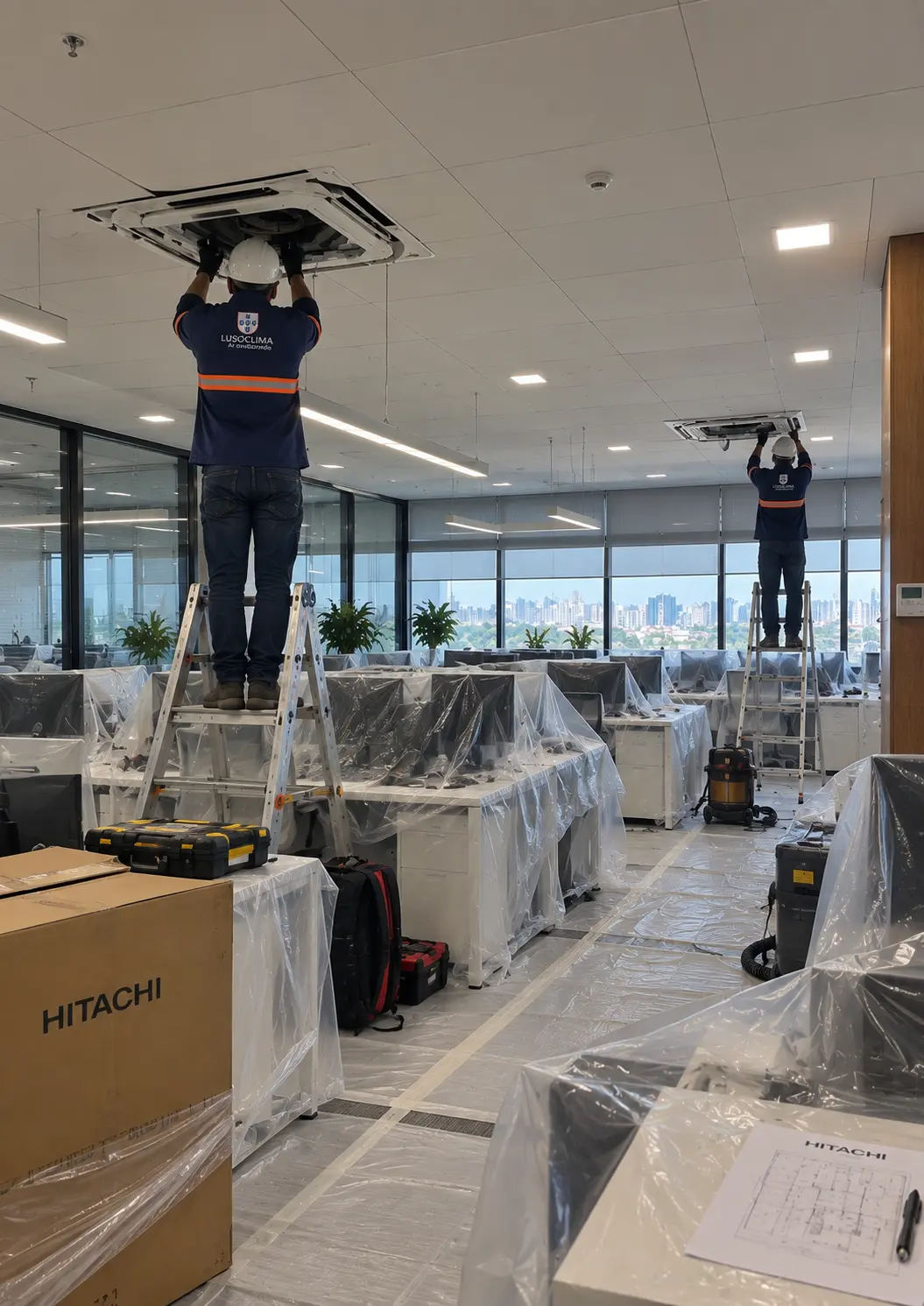 Equipe Lusoclima instalando unidades cassete em escritório corporativo